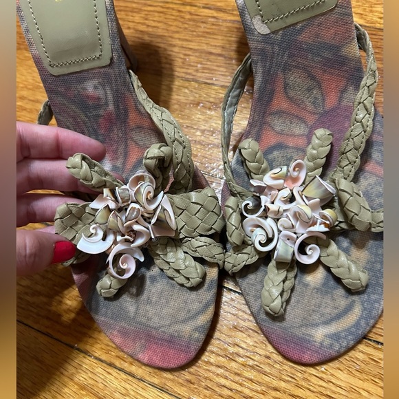 ANN MARINO SANDALS HEEL SHOES WITH SEA SHELLS  Green Leather With Print Art Sole - Picture 2 of 12